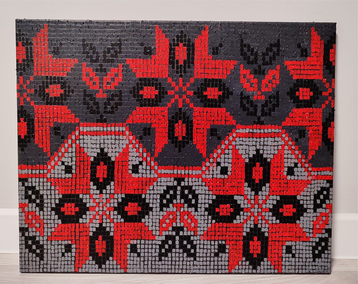 Vibrant red black gray mosaic oil painting Colorful ornament by Oksana Sklym