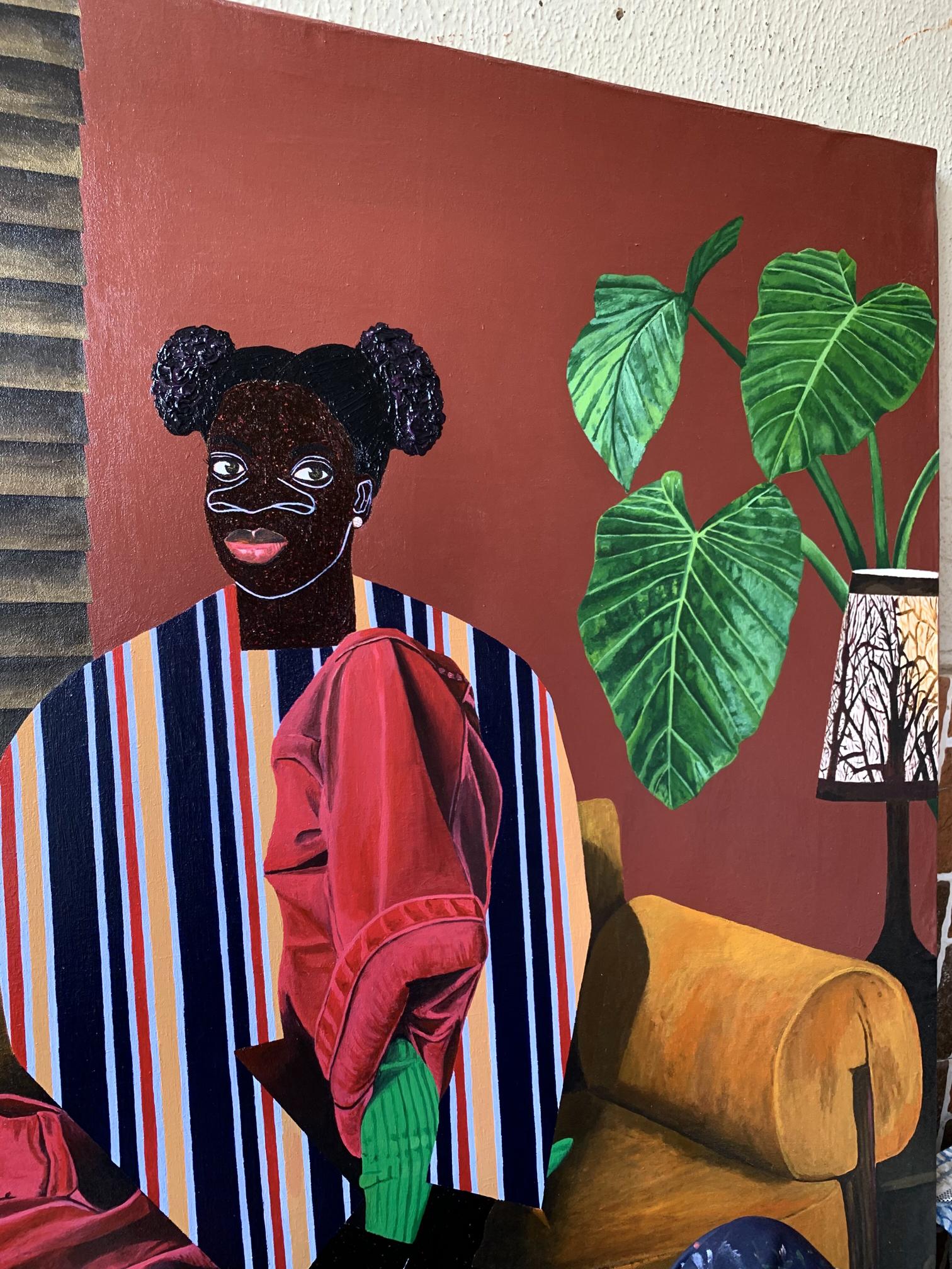 Acrylic painting Solemn dialogue by Akintomide Akinshola: stylized dark-skinned woman