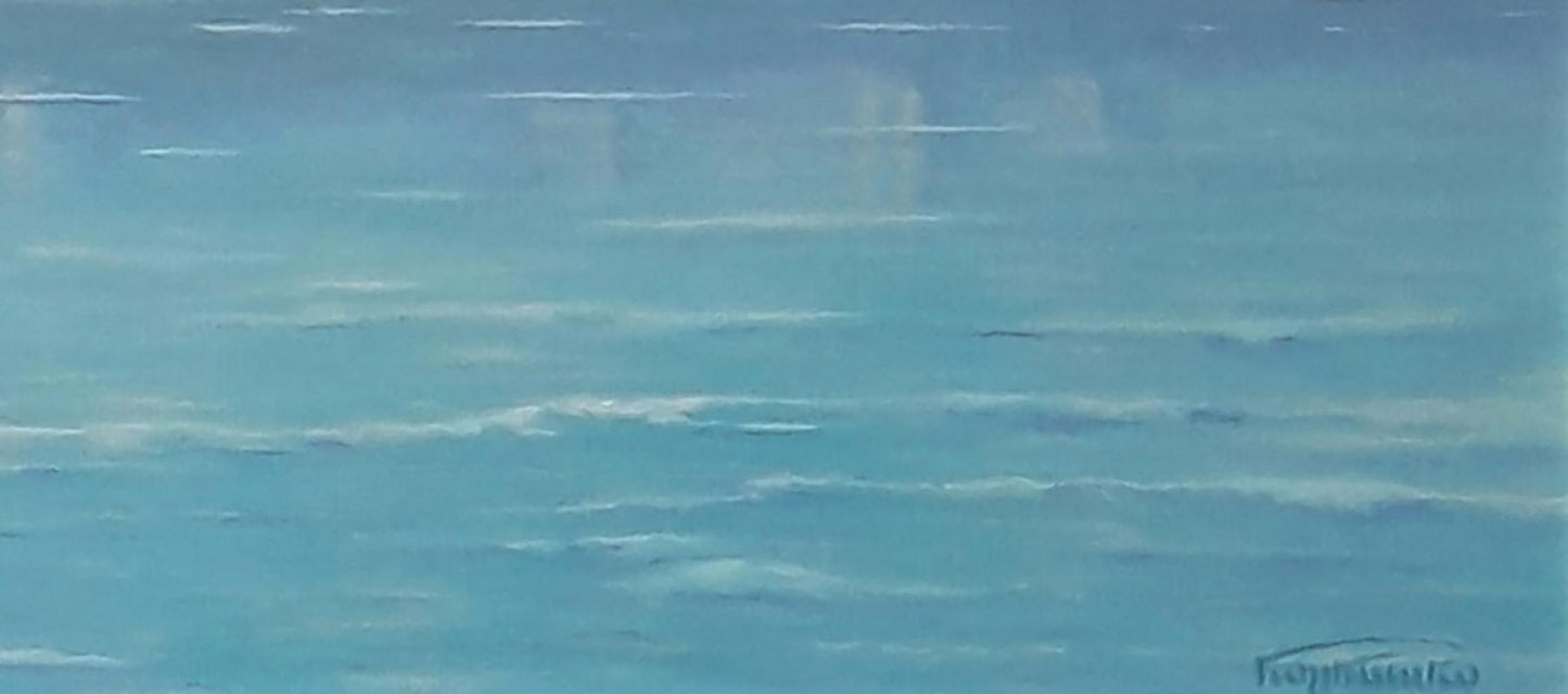 Blurry light blue and white streaks in Vasily Korkishko city oil painting