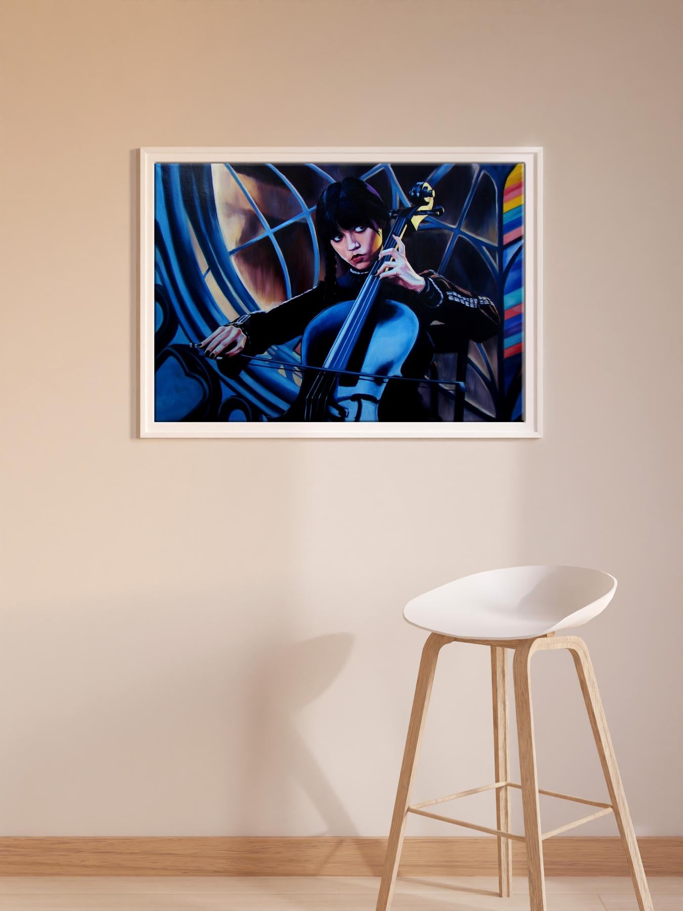 Oil painting Wednesday by Yulia Lihina: woman playing cello in blue black tones