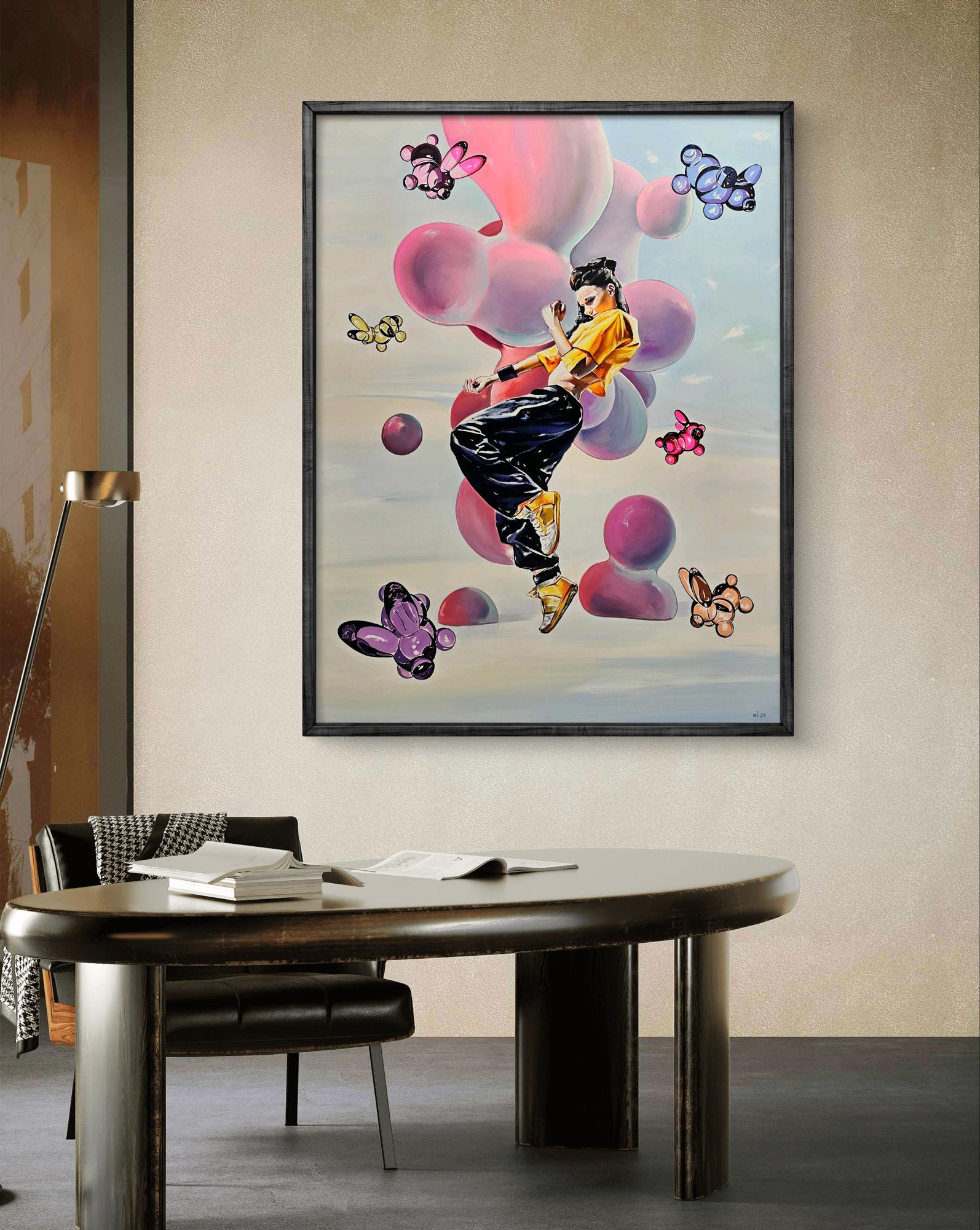 Vibrant oil painting of TikTok girl dancing by Igor Konovalov in yellow black attire with balloon butterflies