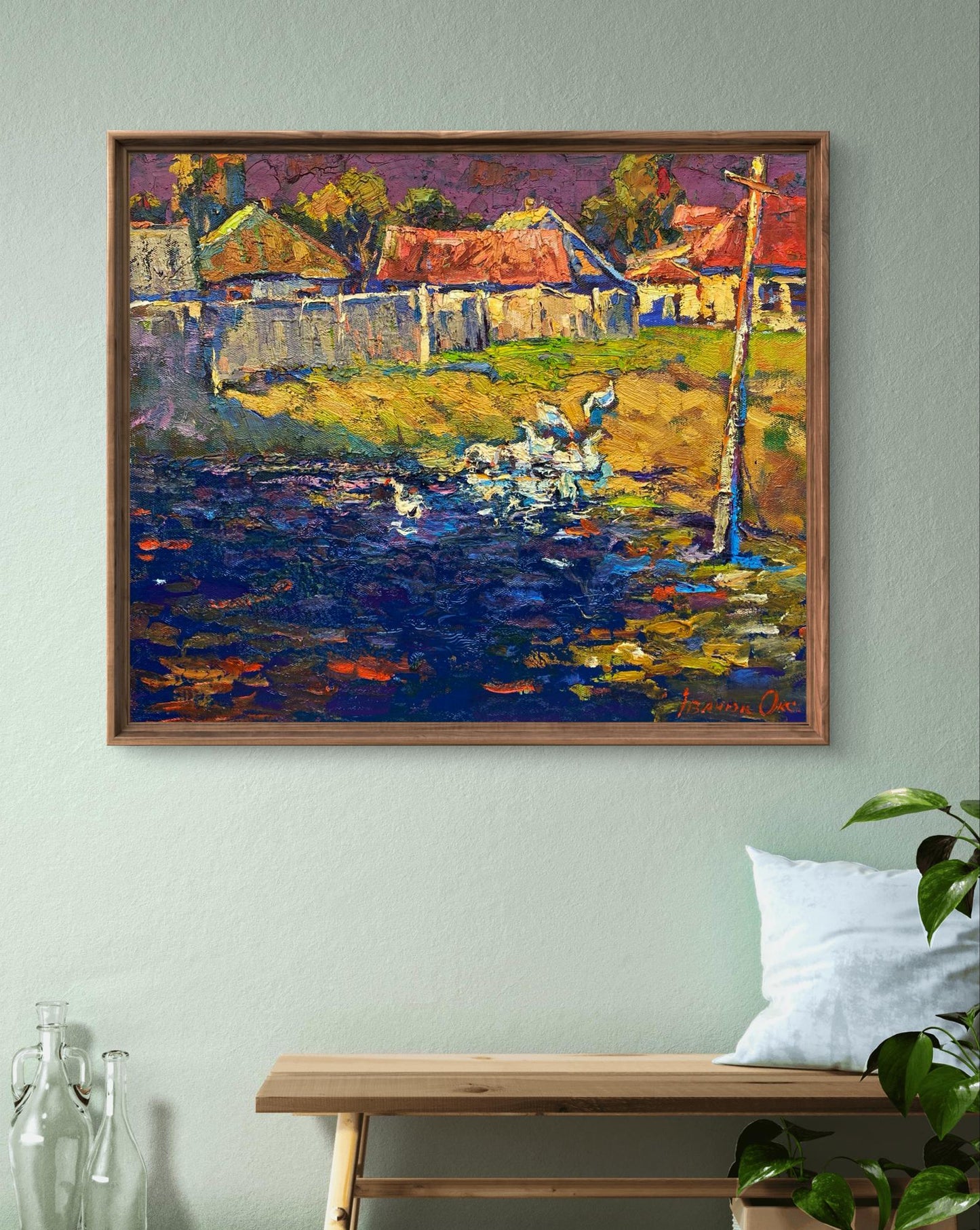 Oil painting After the Rain by Oksana Ivanyuk, framed village scene