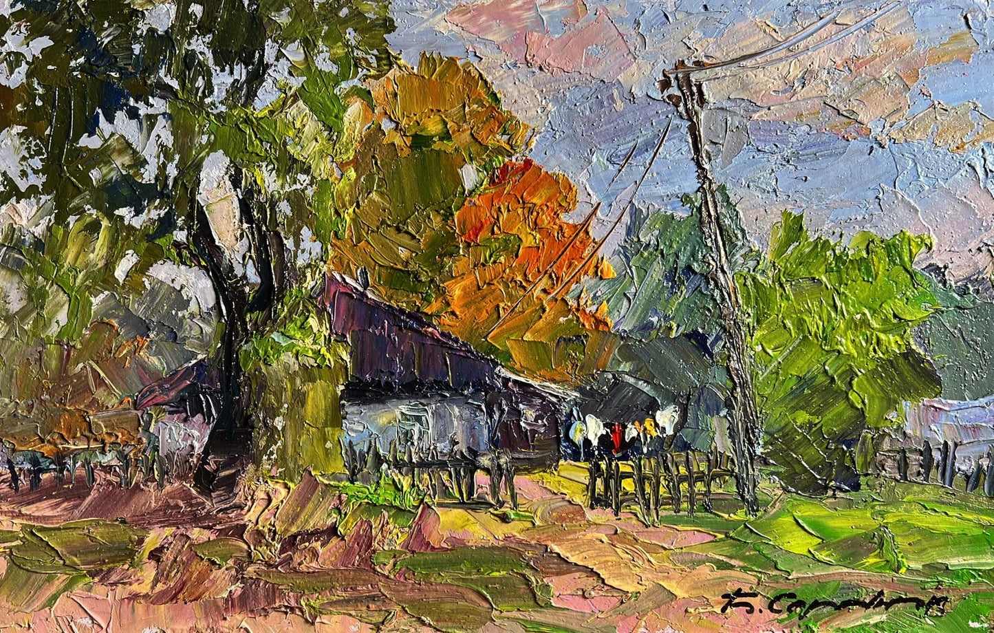 Vibrant impressionist oil painting September Day by Boris Serdyuk, autumn barn scene