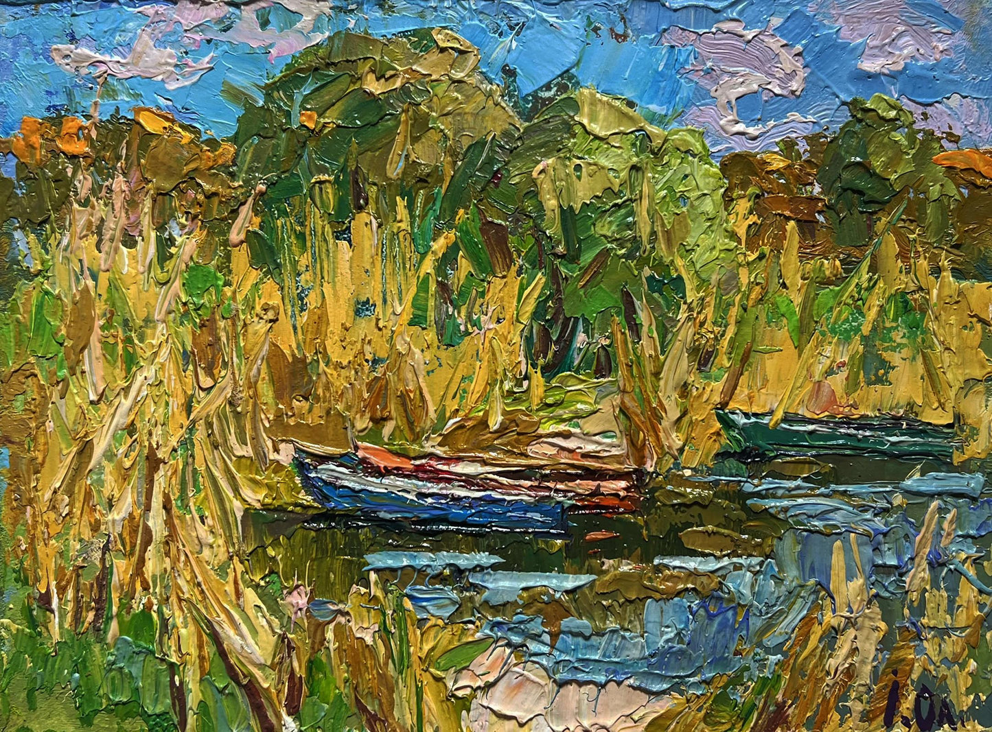 Oil painting Boats on the shore by Oleksiy Ivanyuk vibrant impressionist boat scene