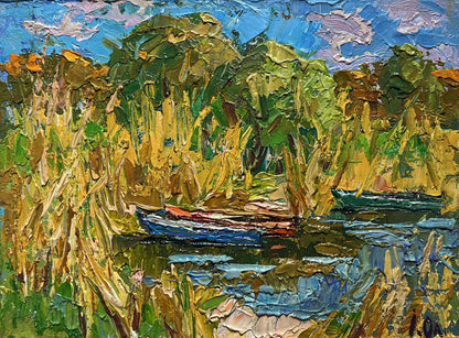 Oil painting Boats on the shore by Oleksiy Ivanyuk vibrant impressionist boat scene