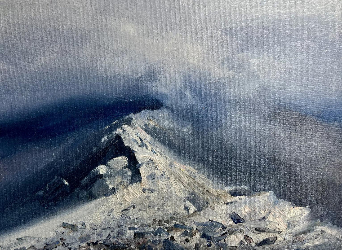 Oil painting Snow storm in the mountains by Tatyana Derdey, snowy peak