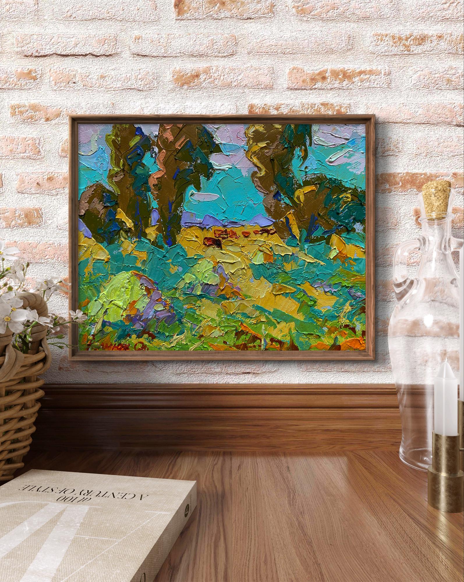 Oil painting Morning on the pasture by Oleksiy Ivanyuk in wooden frame on brick wall