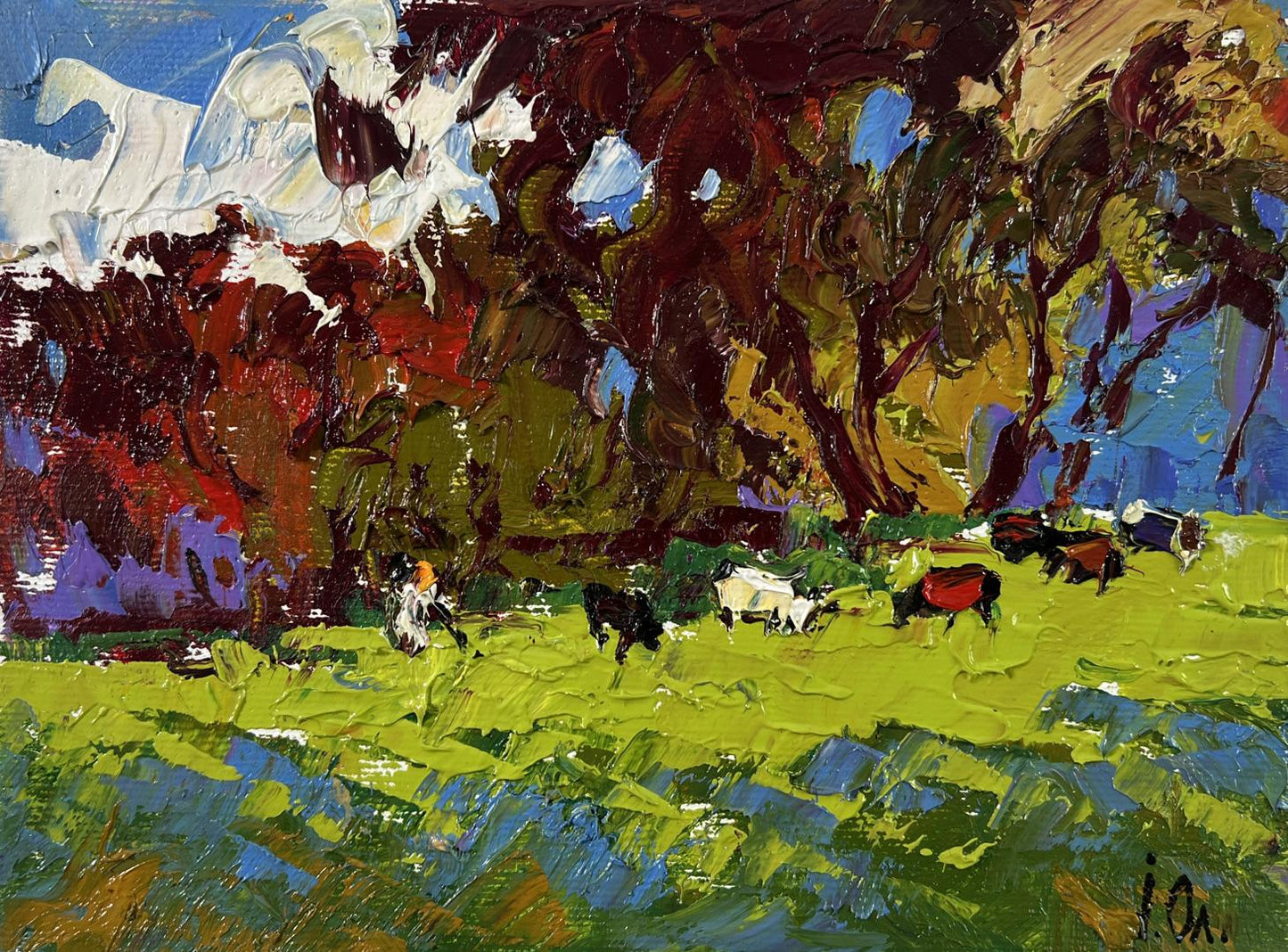 Vibrant impressionist oil painting by Oleksiy Ivanyuk: cows grazing meadow