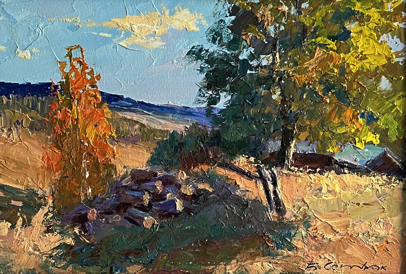 Vibrant impressionist oil painting of house on hill by Boris Serdyuk