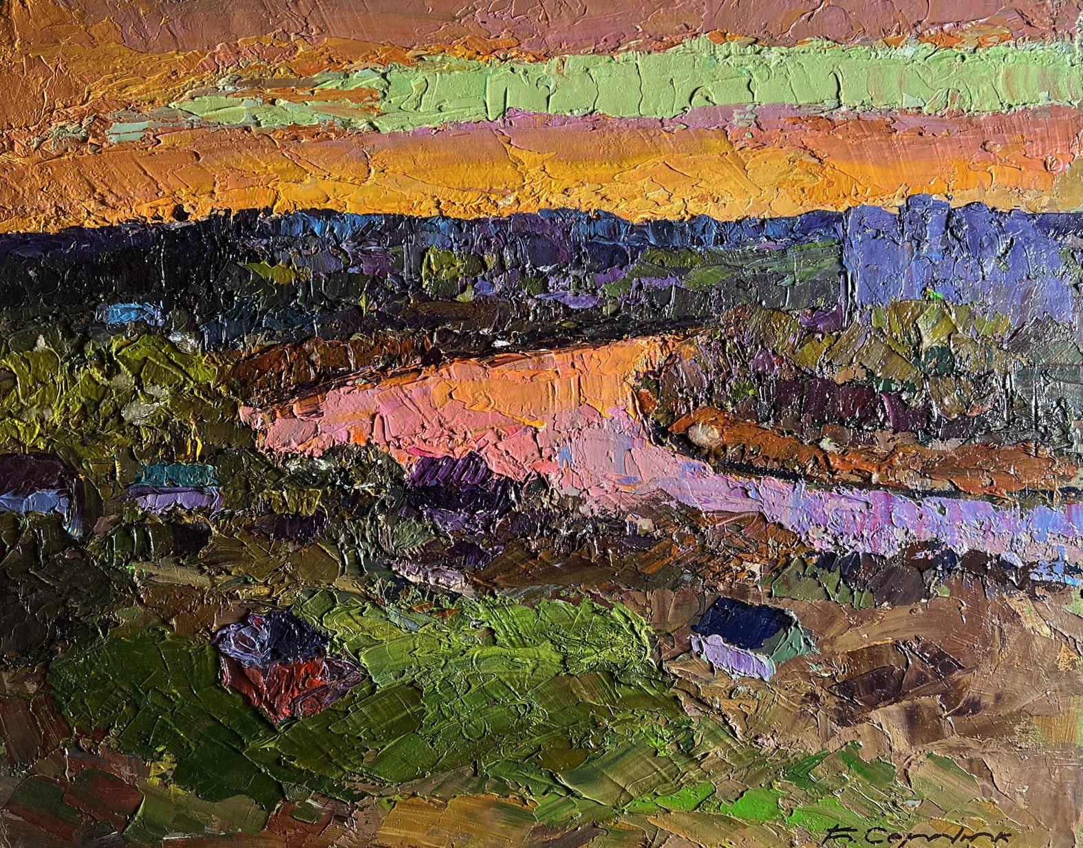 Oil painting Orange sunset sun by Boris Serdyuk with impasto strokes