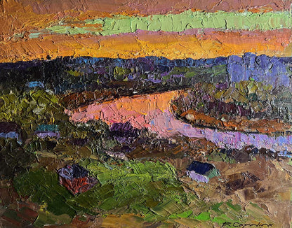 Oil painting Orange sunset sun by Boris Serdyuk with impasto strokes