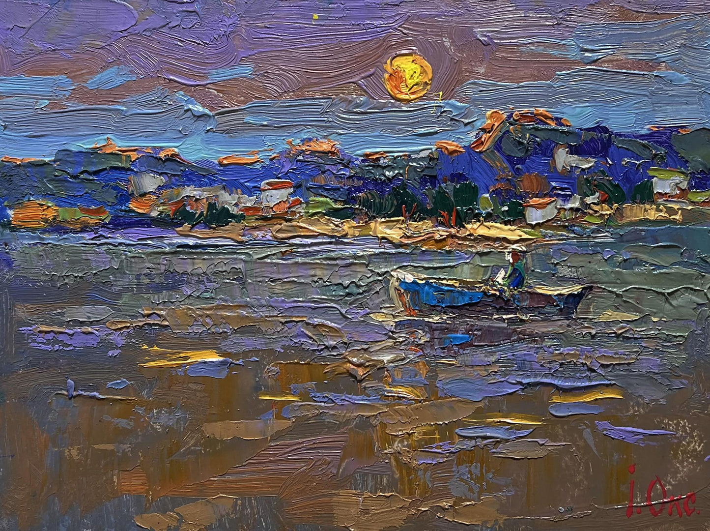 Oil painting Moon over the lake by Oksana Ivanyuk with blue boat