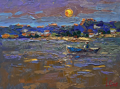 Oil painting Moon over the lake by Oksana Ivanyuk with blue boat
