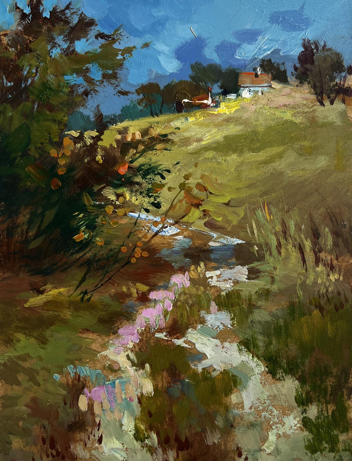Vibrant impressionist oil painting by Yuriy Suprunchuk of sunlit hillside road