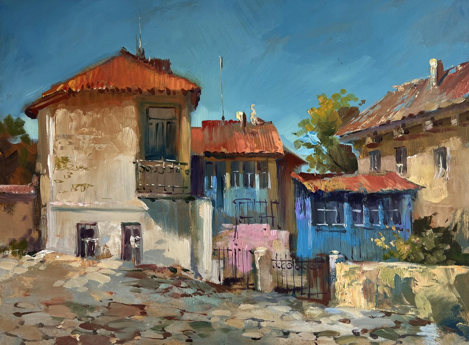 Oil painting Warm wind on the streets by Yuriy Suprunchuk sunlit cobblestone scene