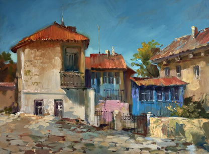 Oil painting Warm wind on the streets by Yuriy Suprunchuk sunlit cobblestone scene