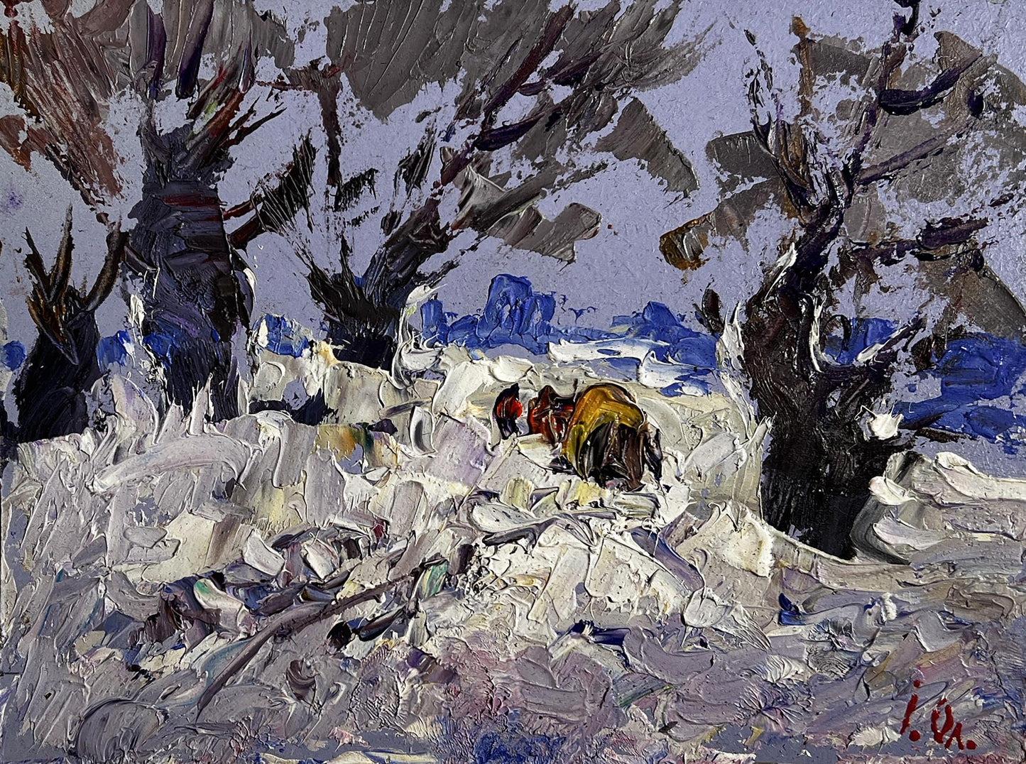 Textured impressionist oil painting of winter snowy road by Oleksiy Ivanyuk