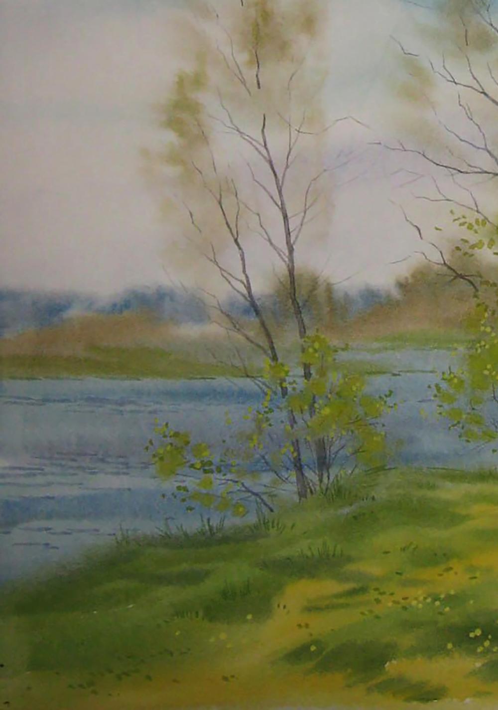 Watercolor Spring Breeze lakeside painting by Valery Savenets