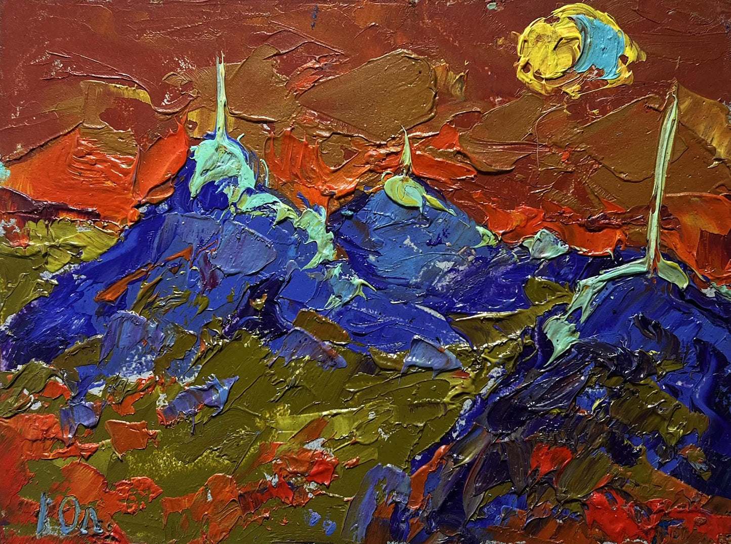 Oil painting Full moon in the field by Oleksiy Ivanyuk with mountains