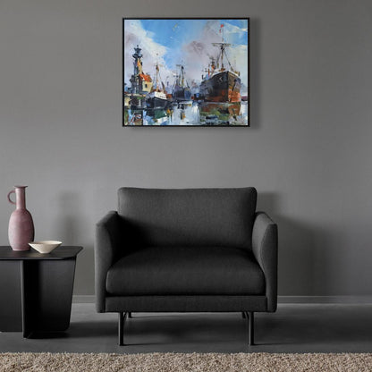 Dark gray upholstered armchair with black metal legs in Oil painting At the old lighthouse Volodymyr Gluhomanyuk