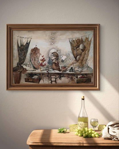 Framed surrealist watercolor of Dürer’s Rabbit by Yuriy Laptev in earth tones