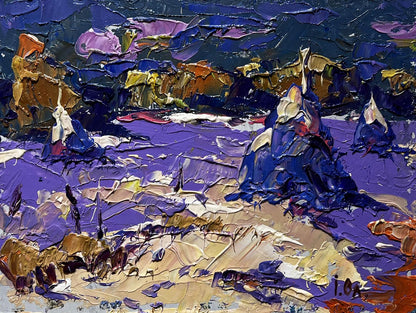 Oil painting Frosty Day by Oleksiy Ivanyuk with purple blue impasto landscapes