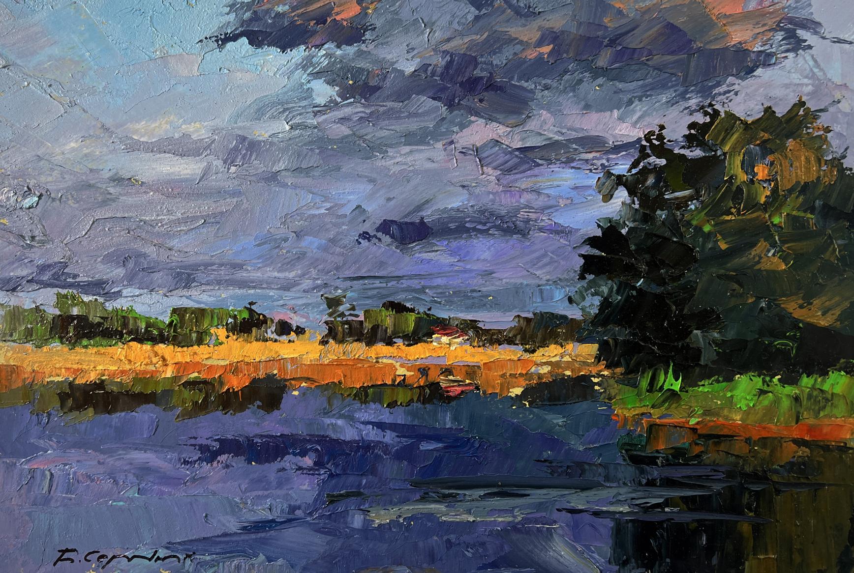 Textured impressionist oil painting by Boris Serdyuk of serene lakeside scene