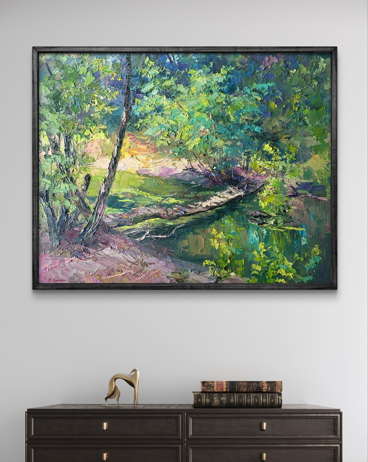 Oil painting Bridge over the river by Boris Serdyuk in dark frame