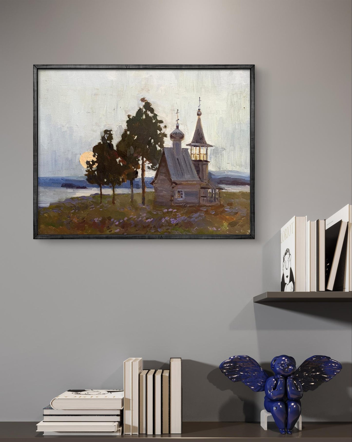 Oil painting Temple by Tatyana Derdey: wooden church with onion domes by water