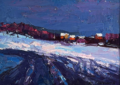 Oil painting Winter evening by Boris Serdyuk snowy landscape purple sky