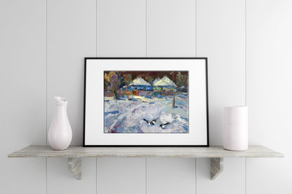 Oil painting Winter village 