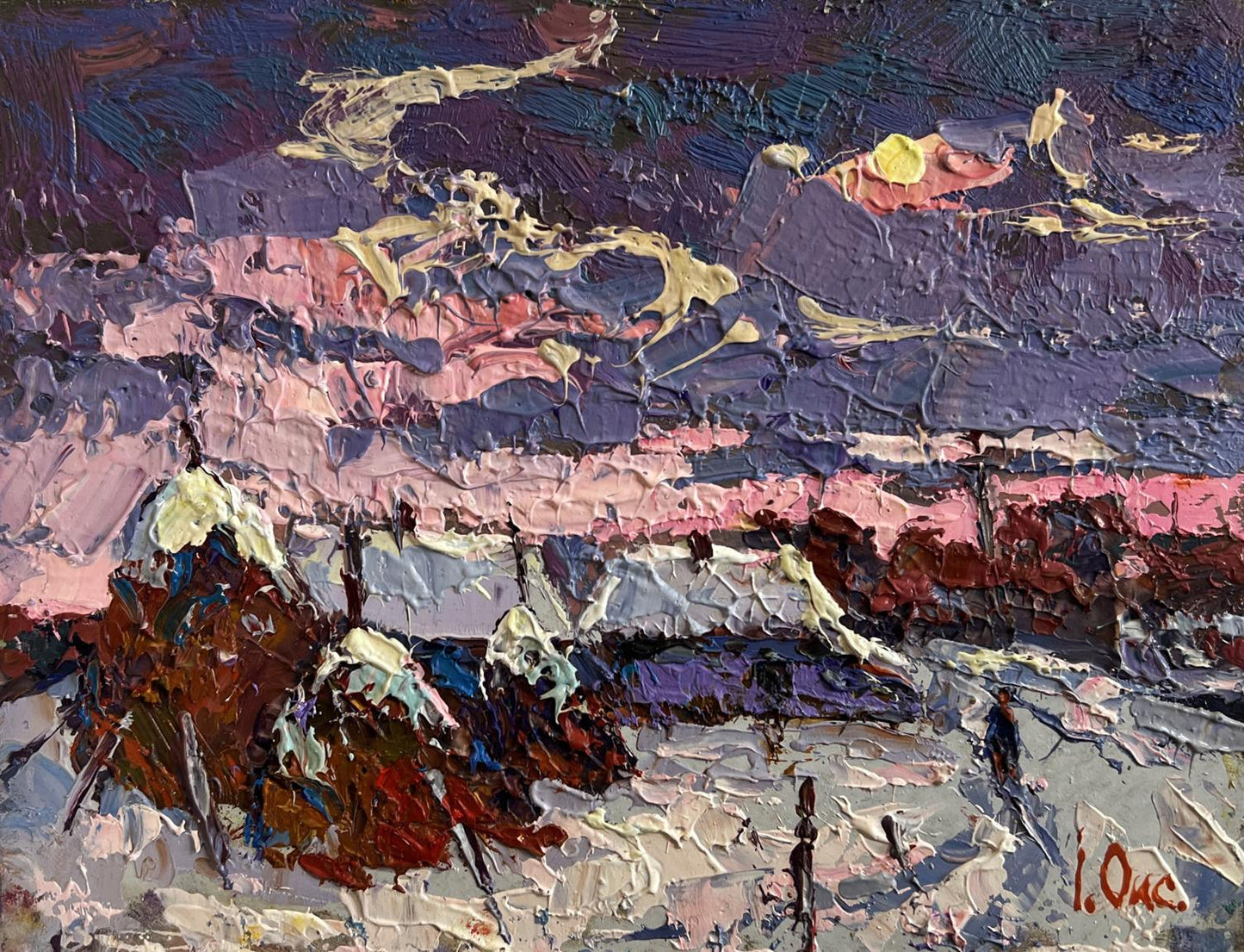 Oil painting Pink winter evening by Oksana Ivanyuk textured landscape