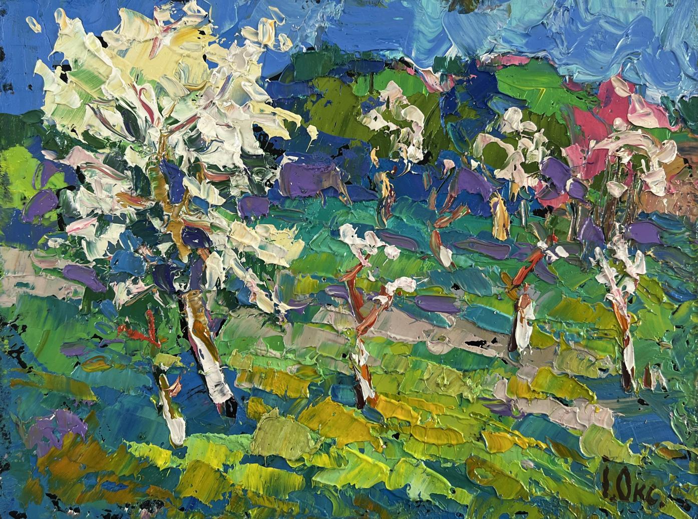 Vibrant impressionist oil painting Blooming spring garden by Oksana Ivanyuk