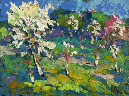 Vibrant impressionist oil painting Blooming spring garden by Oksana Ivanyuk