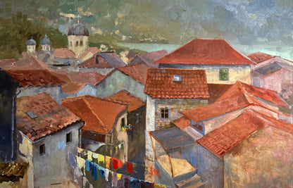 Vibrant oil painting of sunlit coastal town streets by Tatyana Derdey