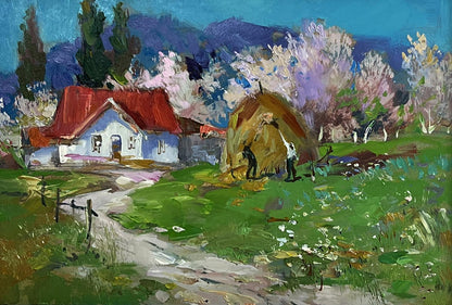 Oil painting of rustic white house with red roof by Yuriy Suprunchuk