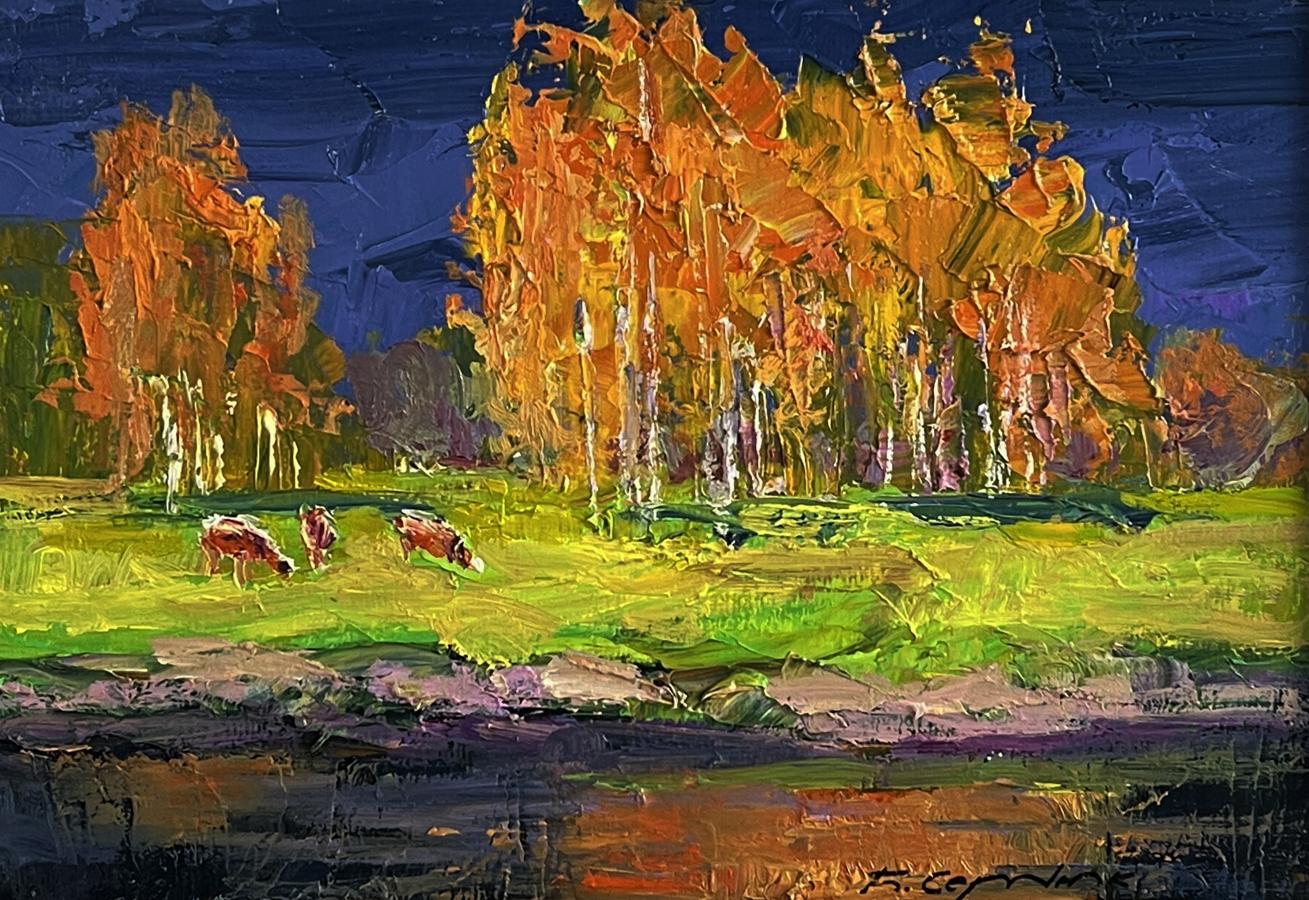 Vibrant impressionist oil painting Autumn on the shore river by Boris Serdyuk