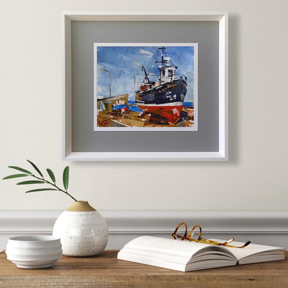 Oil painting Ship in Port by Volodymyr Gluhomanyuk in white frame