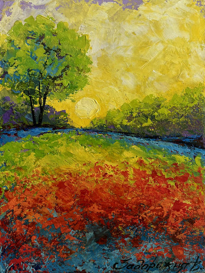 Vibrant impressionist oil painting The last rays over the forest by V. Zadorozhnya