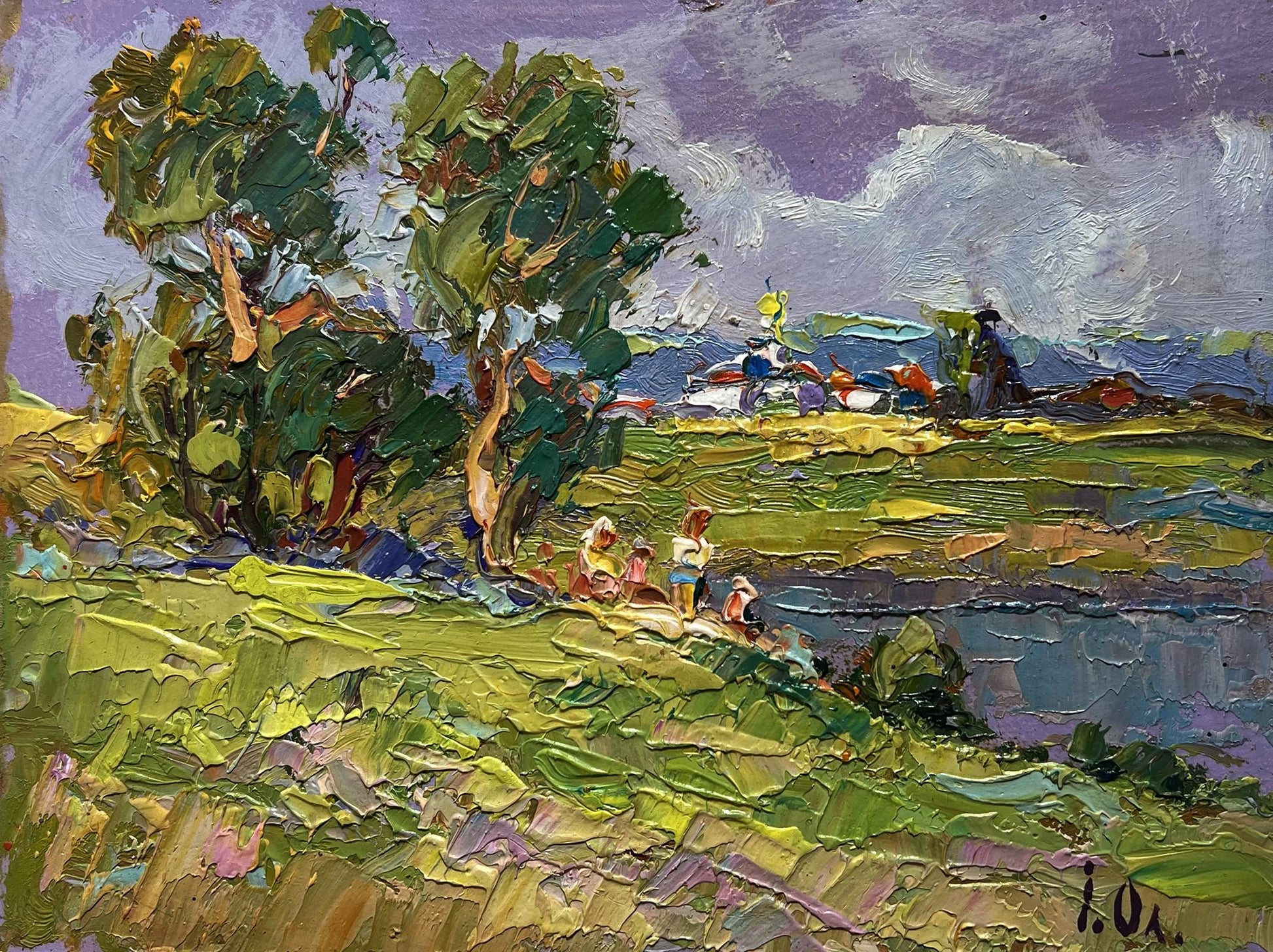 Vibrant impressionistic oil painting by Oleksiy Ivanyuk: lush trees, hills, purple sky