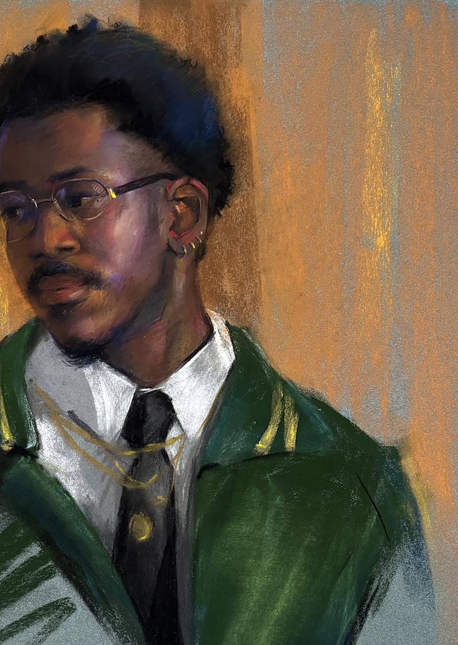 Green and gold judicial robe on Karl in suit by Annam Butt painting
