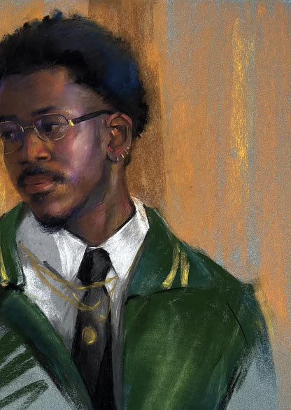 Green and gold judicial robe on Karl in suit by Annam Butt painting