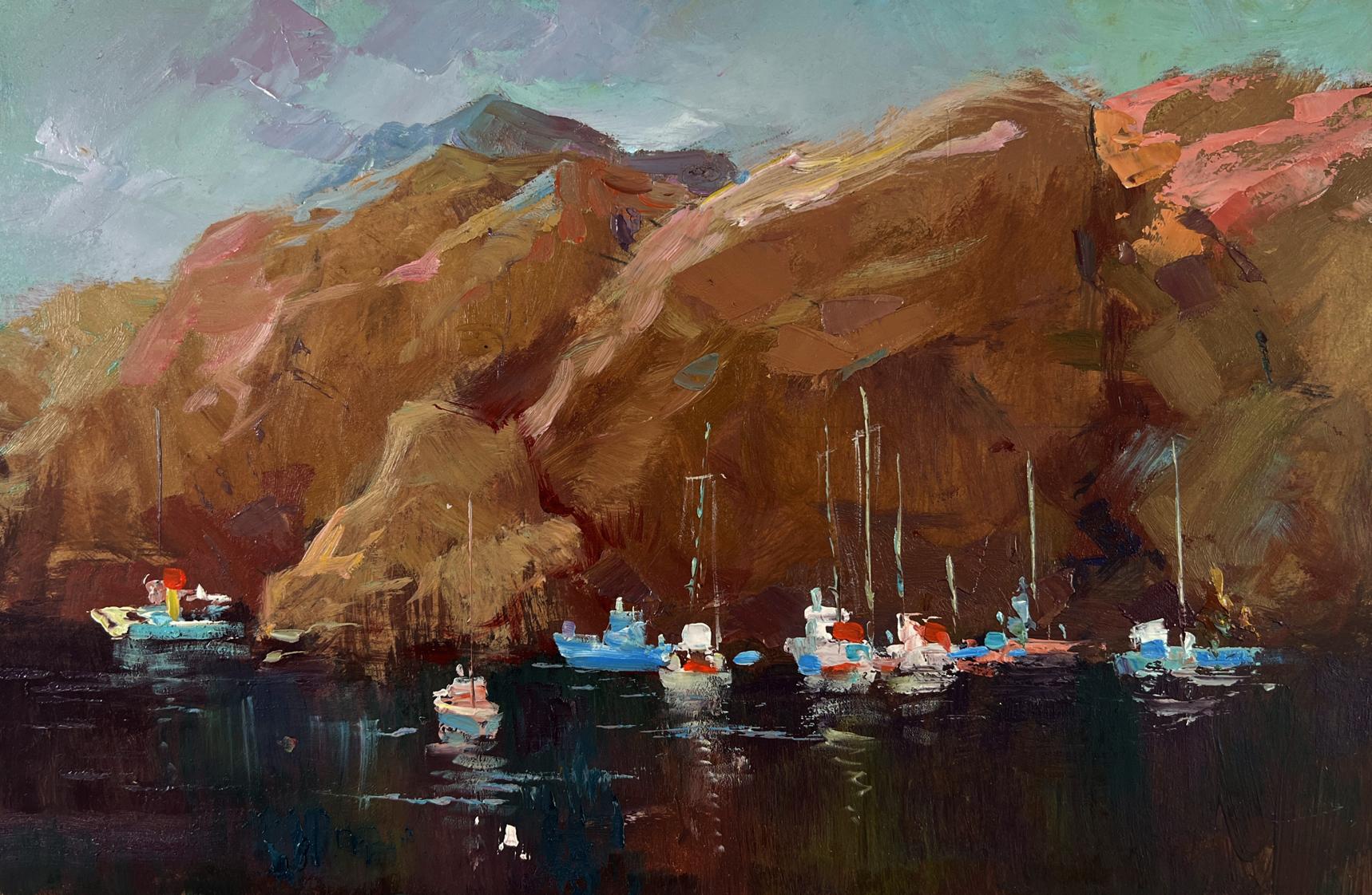 Vibrant impressionist oil painting of sails against mountain backdrop by Yuriy Suprunchuk