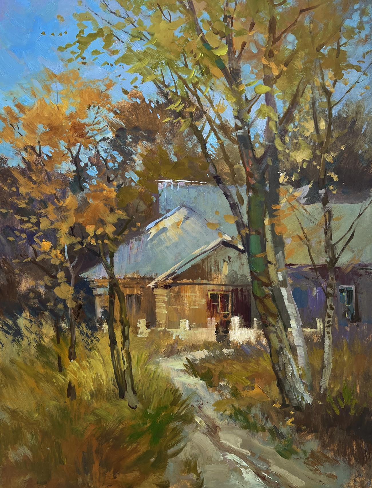 Oil painting of rustic house with blue roof among autumn trees by Yuriy Suprunchuk