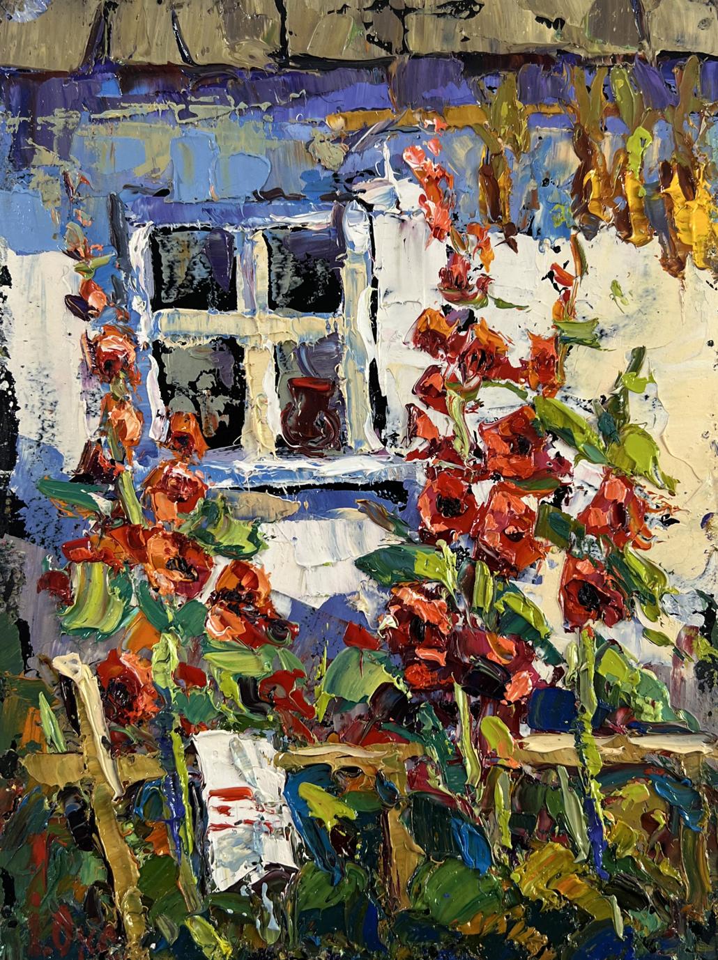 Oil painting of vibrant mallows blooming near Oksana Ivanyuk house cottage window