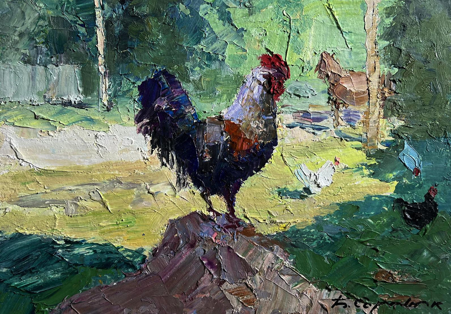 Vibrant impressionist oil painting of rooster by Boris Serdyuk on rocky outcrop
