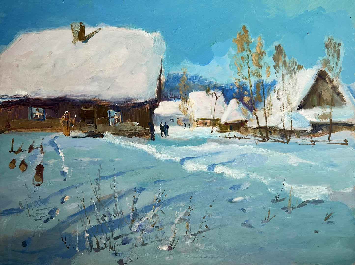 Oil painting of snow-covered thatched house in winter village by Yuriy Suprunchuk