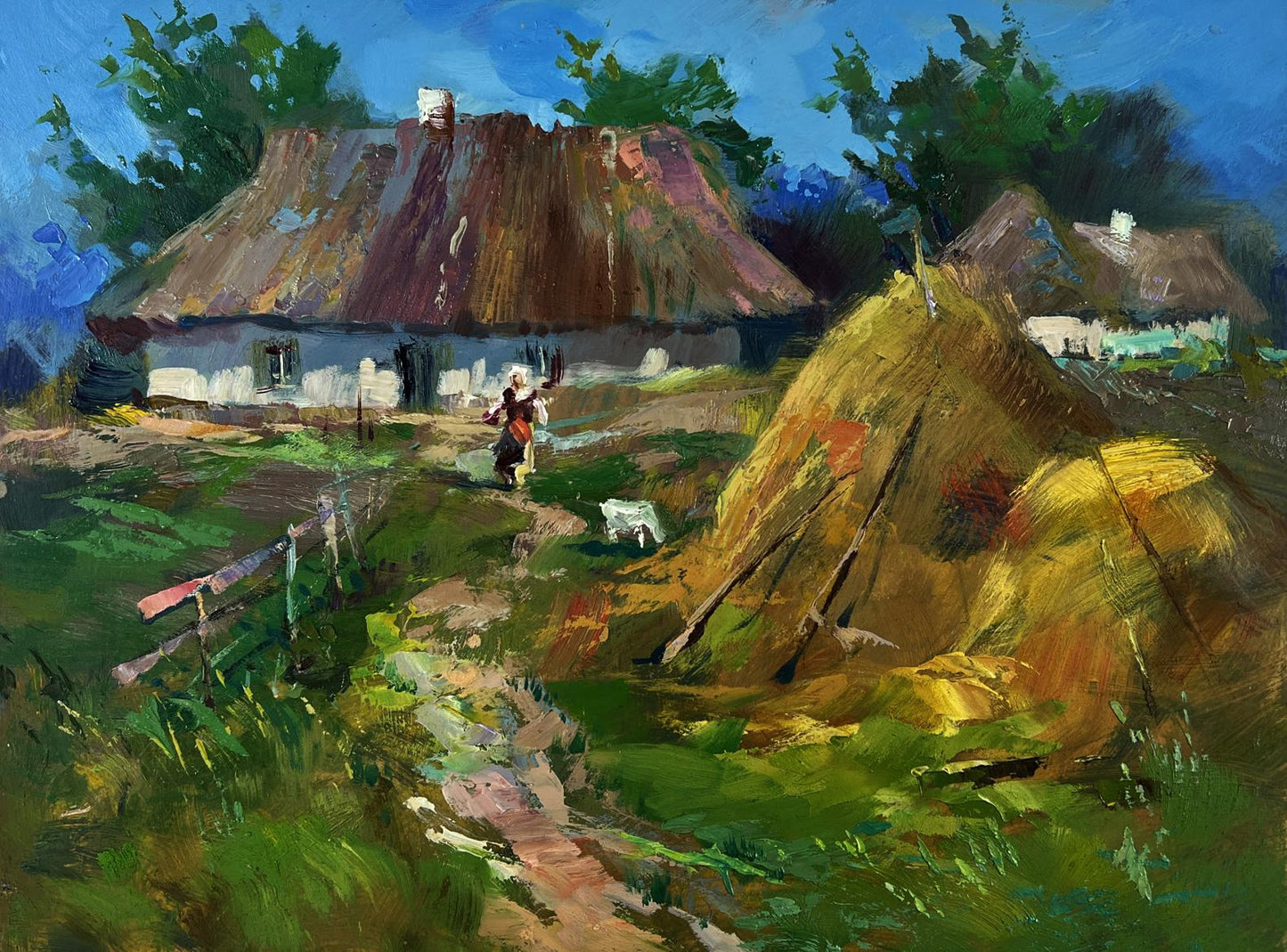 Oil painting of rustic thatched cottage in summer village by Yuriy Suprunchuk