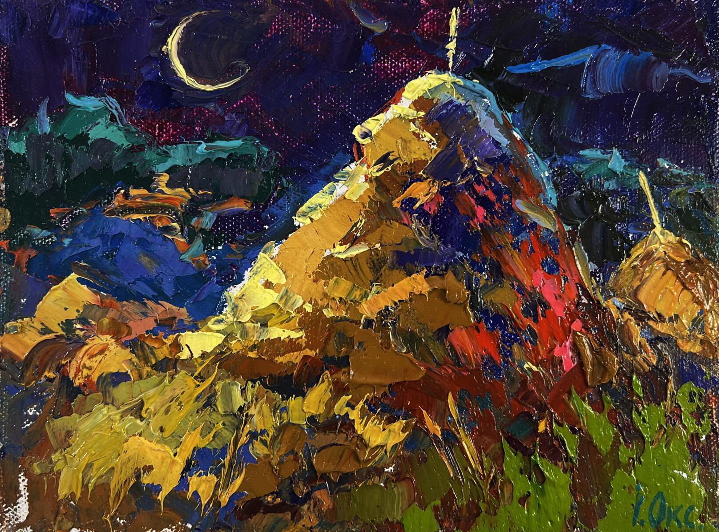Vibrant impressionist oil painting Night tale in silver reflections by Oksana Ivanyuk