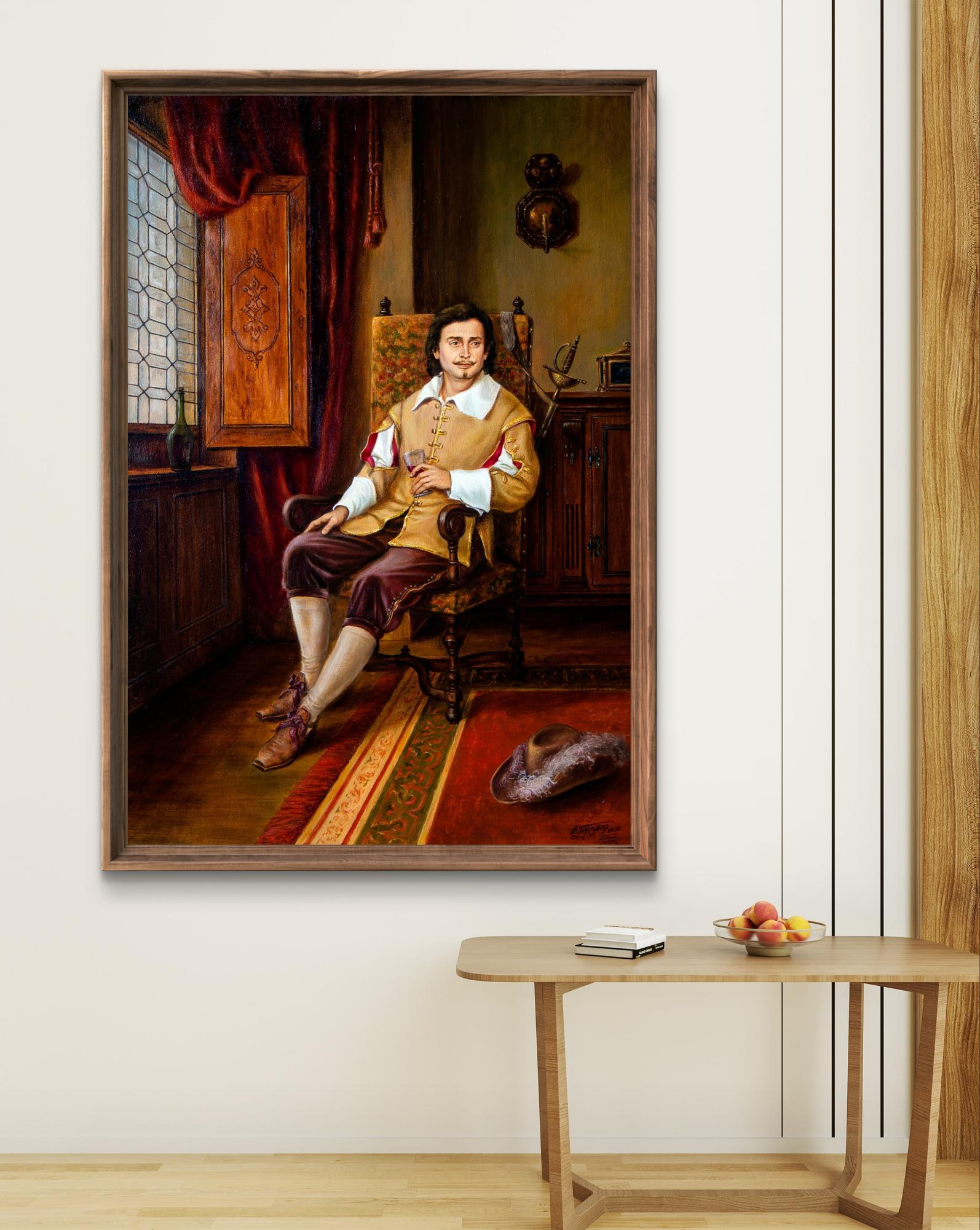 Oil painting In anticipation by Valeriy Bulat, 17th-century man in ornate frame